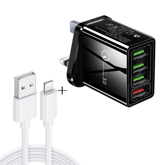 2 in 1 1m USB to 8 Pin Data Cable 30W QC 3 0 4 USB Interfaces Mobile Phone Tablet PC Universal Quick Charger Travel Charger Set UK Plug Black