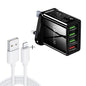 2 in 1 1m USB to 8 Pin Data Cable 30W QC 3 0 4 USB Interfaces Mobile Phone Tablet PC Universal Quick Charger Travel Charger Set UK Plug Black