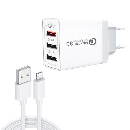 SDC 30W 2 in 1 USB to 8 Pin Data Cable 30W QC 3 0 USB 2 4A Dual USB 2 0 Ports Mobile Phone Tablet PC Universal Quick Charger Travel Charger Set EU Plug
