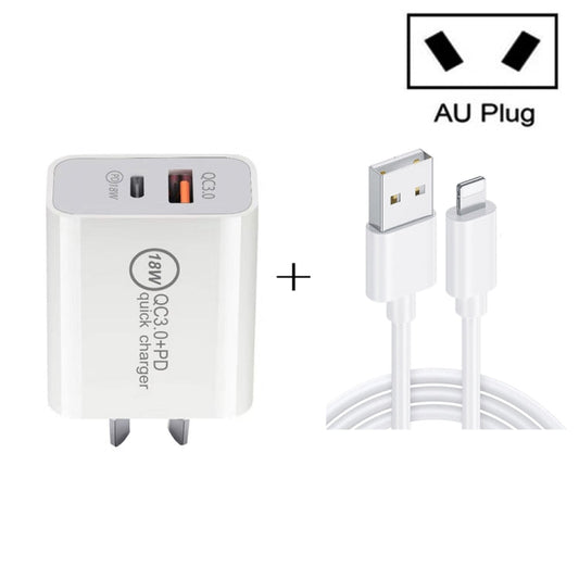 SDC 18W 18W PD 3 0 Type C USB C QC 3 0 USB Dual Fast Charging Universal Travel Charger with USB to 8 Pin Fast Charging Data Cable AU Plug
