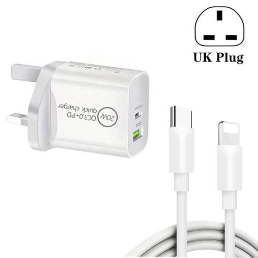 SDC 20WA C 20W PD QC 3 0 USB Dual Fast Charging Universal Travel Charger with Type C USB C to 8 Pin Fast Charging Data Cable UK Plug