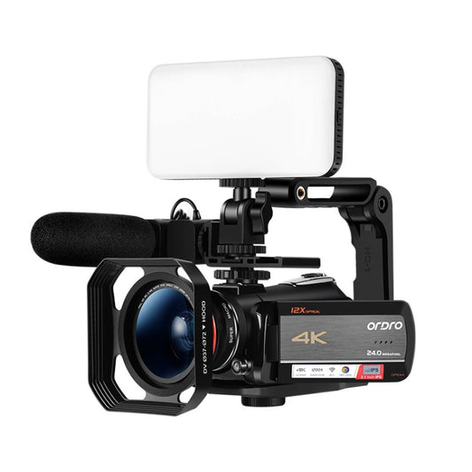 ORDRO AC5 4K HD Night Vision WiFi 12X Optical Zoom Digital Video DV Camera Camcorder Style Standard Microphone Fill Light Black
